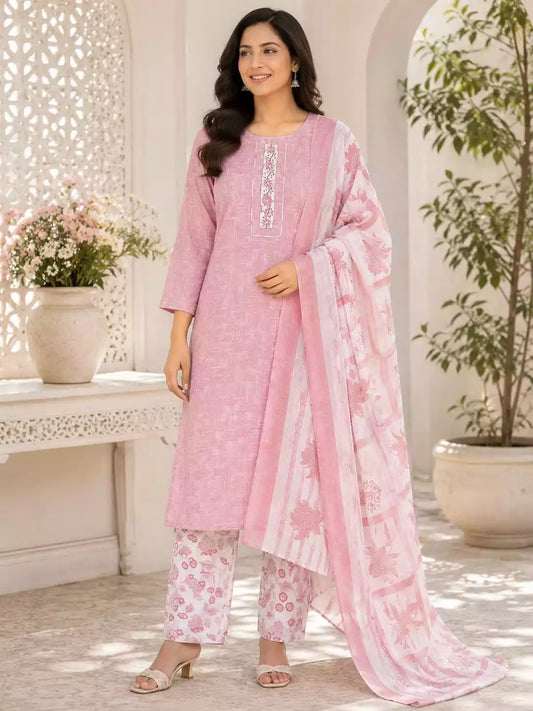 Peach printed cotton straight pant set