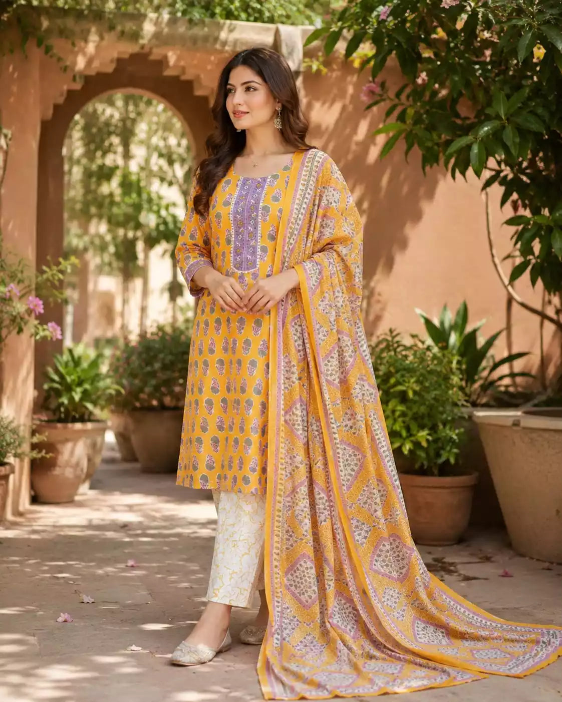 Yellow geometric print cotton suit set