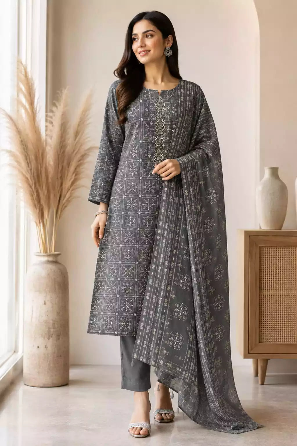Grey geometric print cotton pant set featuring a stylish dupatta, perfect for casual and festive occasions.