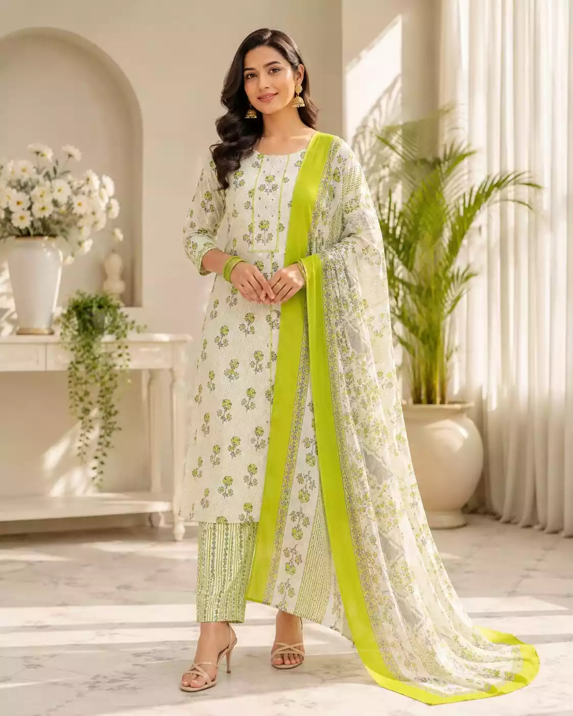 White green jaipuri print pant set featuring cotton straight cut top, matching straight pants, and full-size printed dupatta.