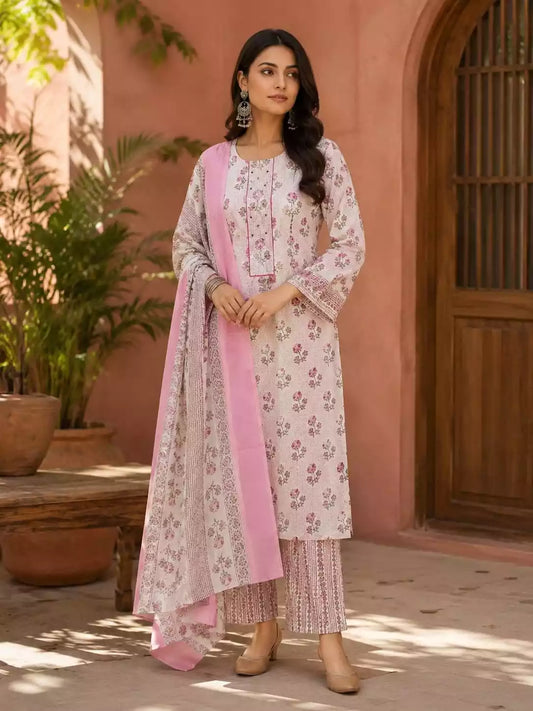White Pink heritage print cotton suit set
