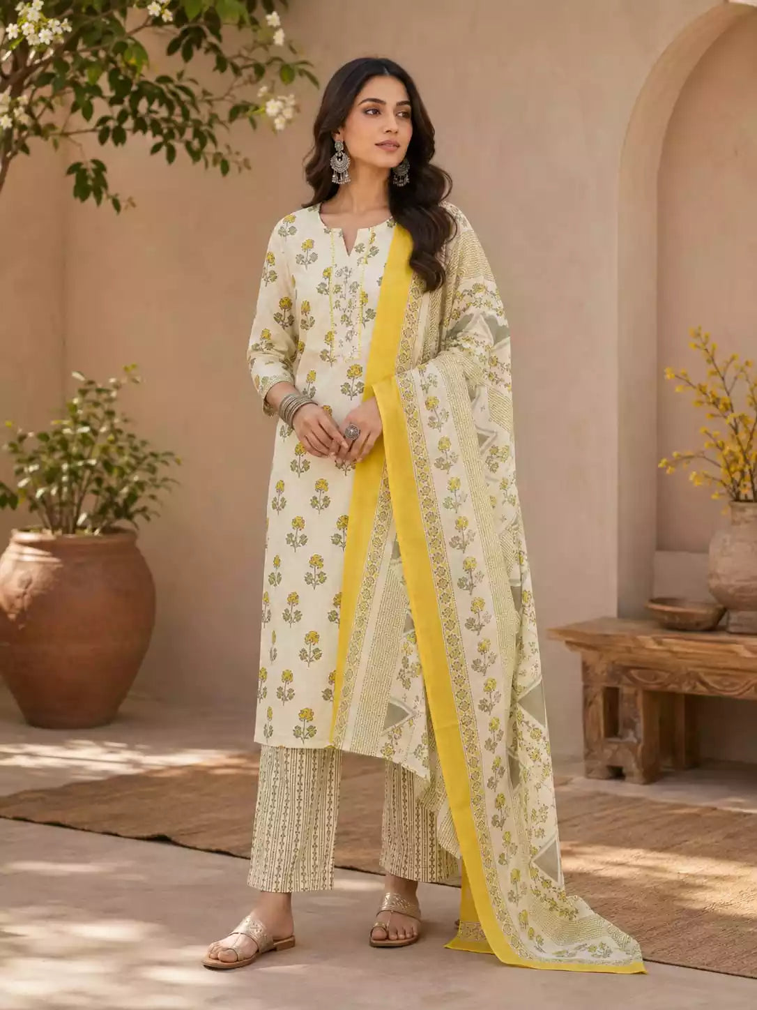 White yellow cotton pant set featuring straight cut top, printed dupatta, and stylish pants.