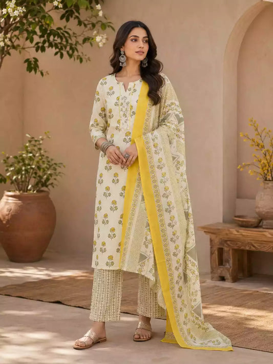 White yellow traditional cotton pant set
