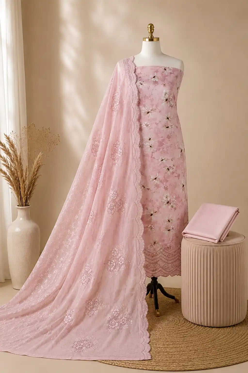 Heavy embroidered cotton suit with dupatta in soft pink with floral designs and scalloped edges, displayed elegantly.