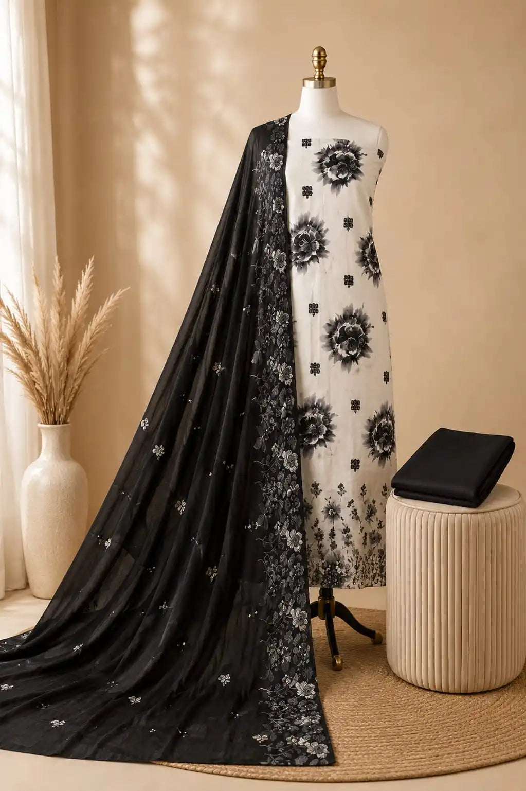 Heavy embroidered Pakistani cotton suit featuring black dupatta and floral design, with soft cotton fabric and intricate embroidery.
