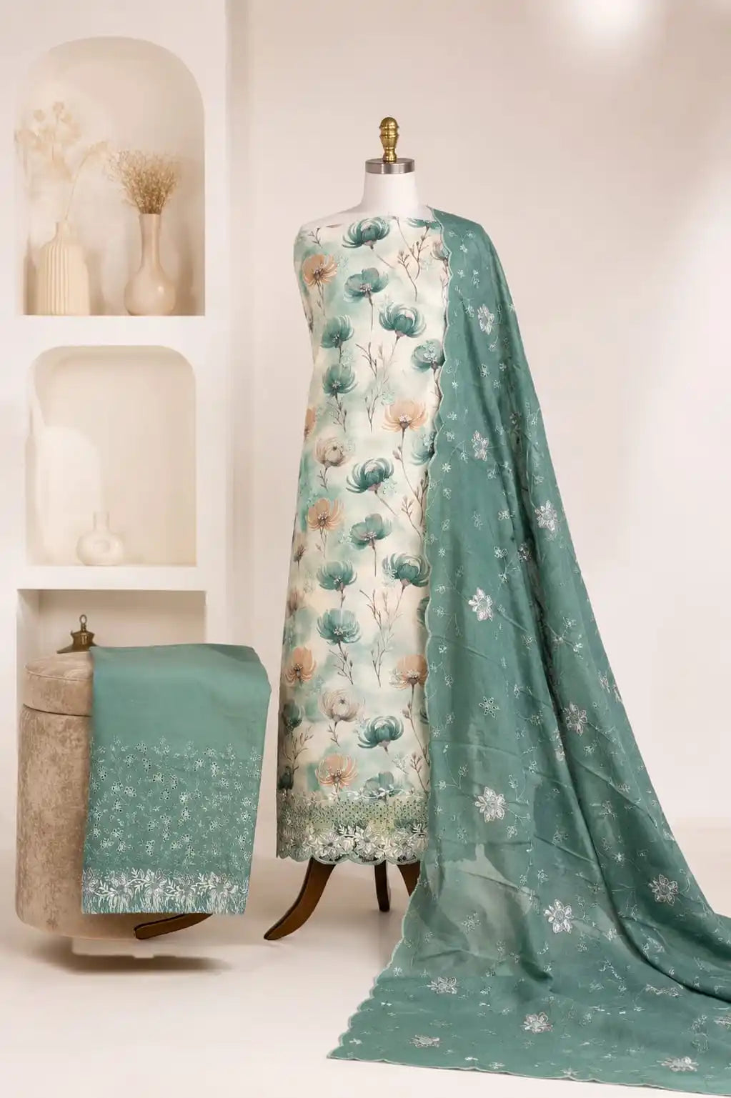 Heavy Pakistani Embroidered Cotton Suit Set With Dupatta Work By ASC