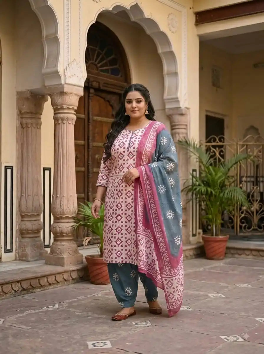 Model wearing a cotton batik suit with dupatta, displaying hand embroidery and dual tone design in an elegant heritage setting.