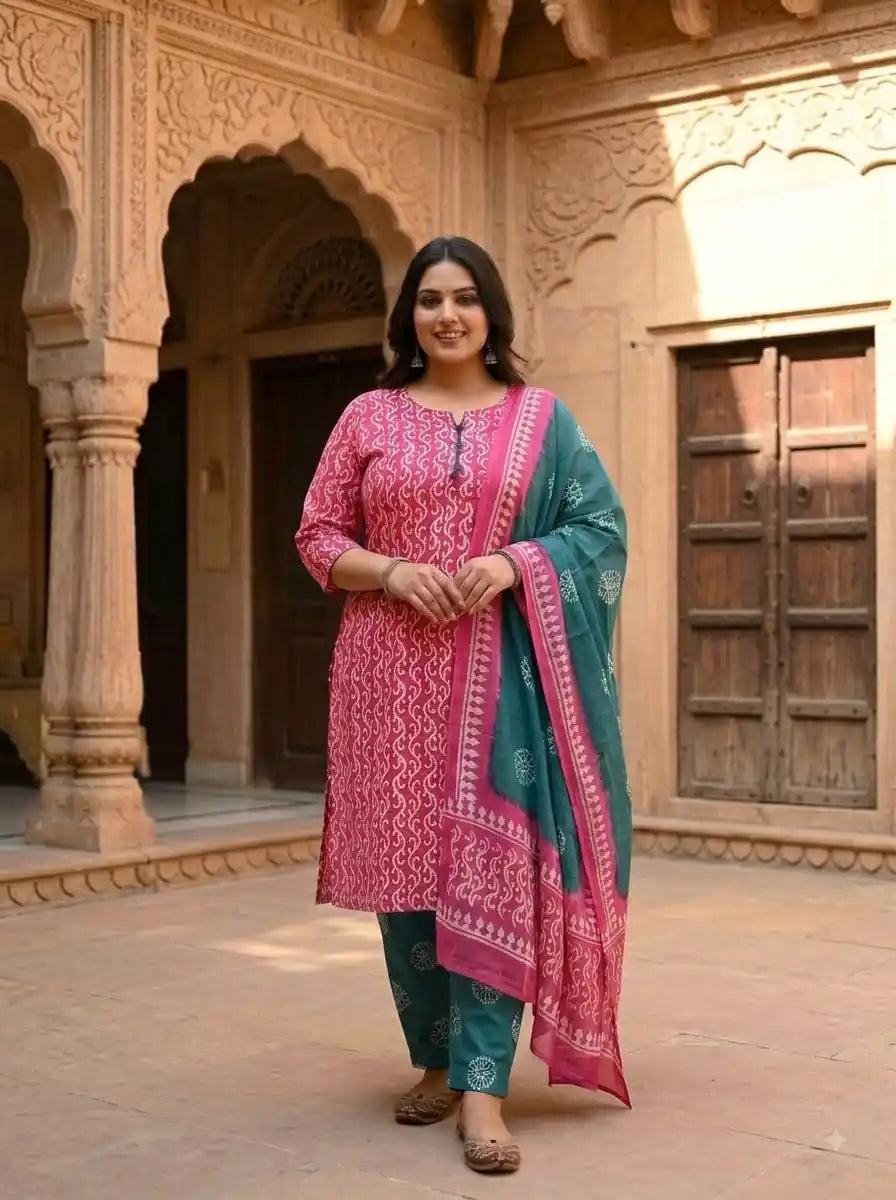A model wearing a readymade cotton batik suit with a pink and teal color combination, showcasing the elegant design.