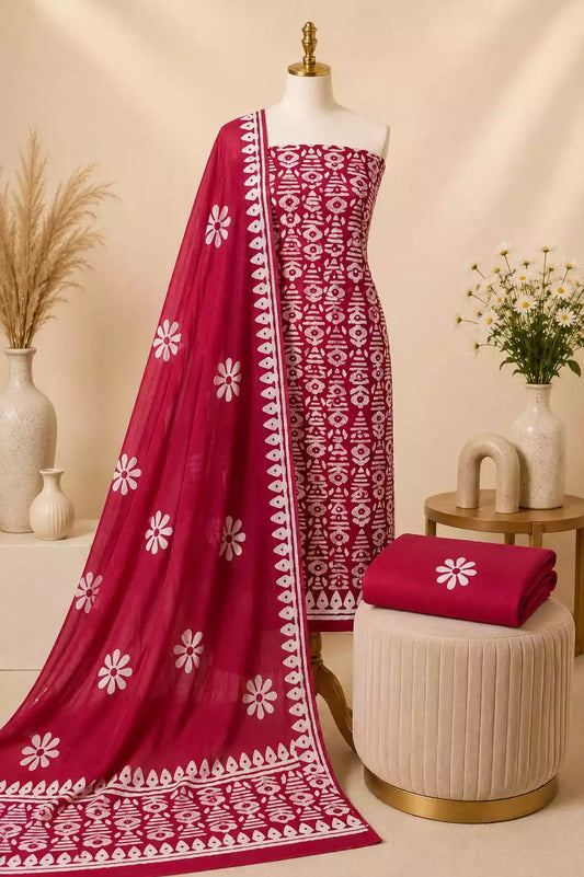 Maroon Floral Batik Unstitched Cotton Suit Set by ASC