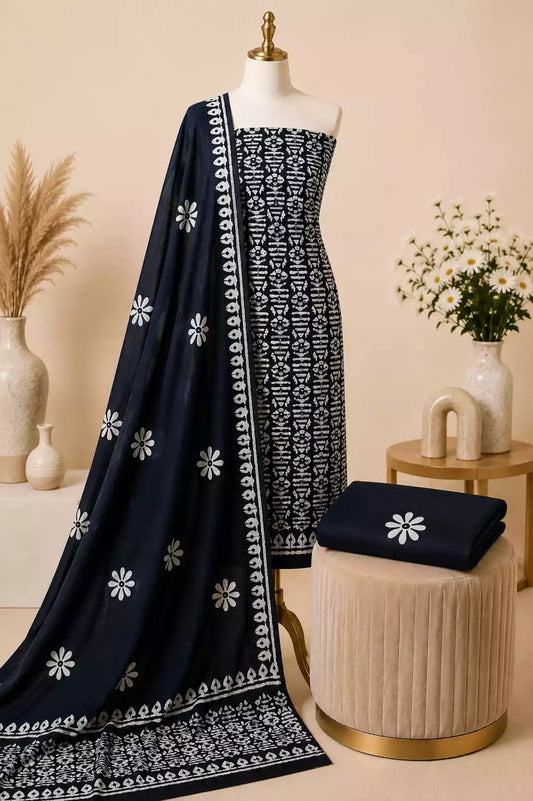 Black Floral Batik Unstitched Cotton Suit Set by ASC