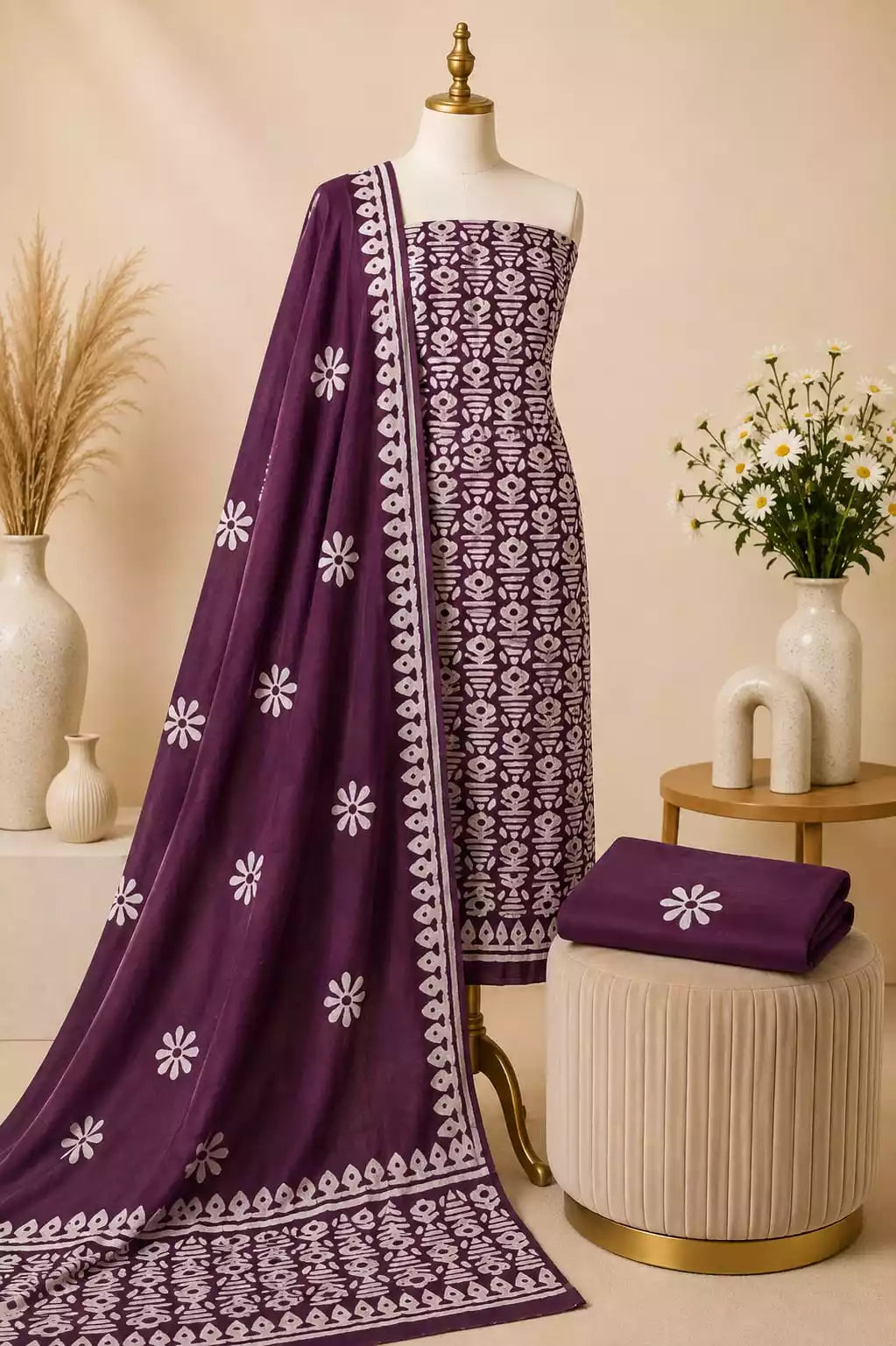 Wine Floral Batik Unstitched Cotton Suit Set by ASC