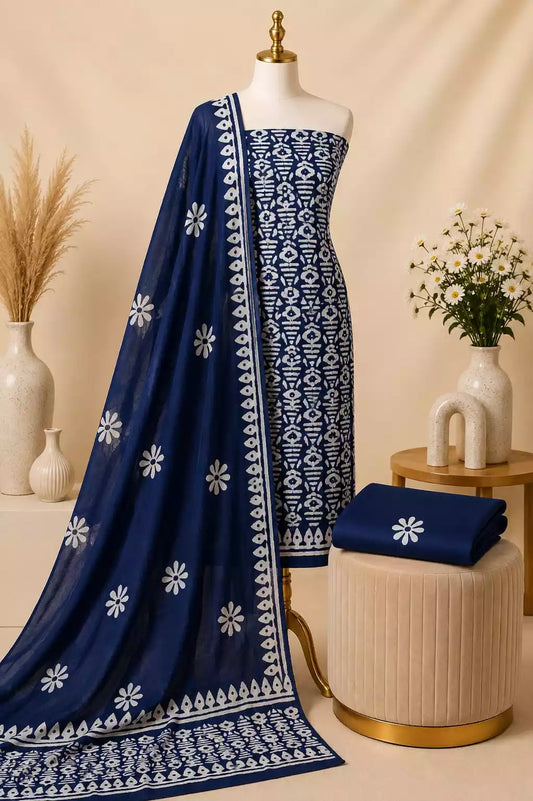 Blue Floral Batik Unstitched Cotton Suit Set by ASC
