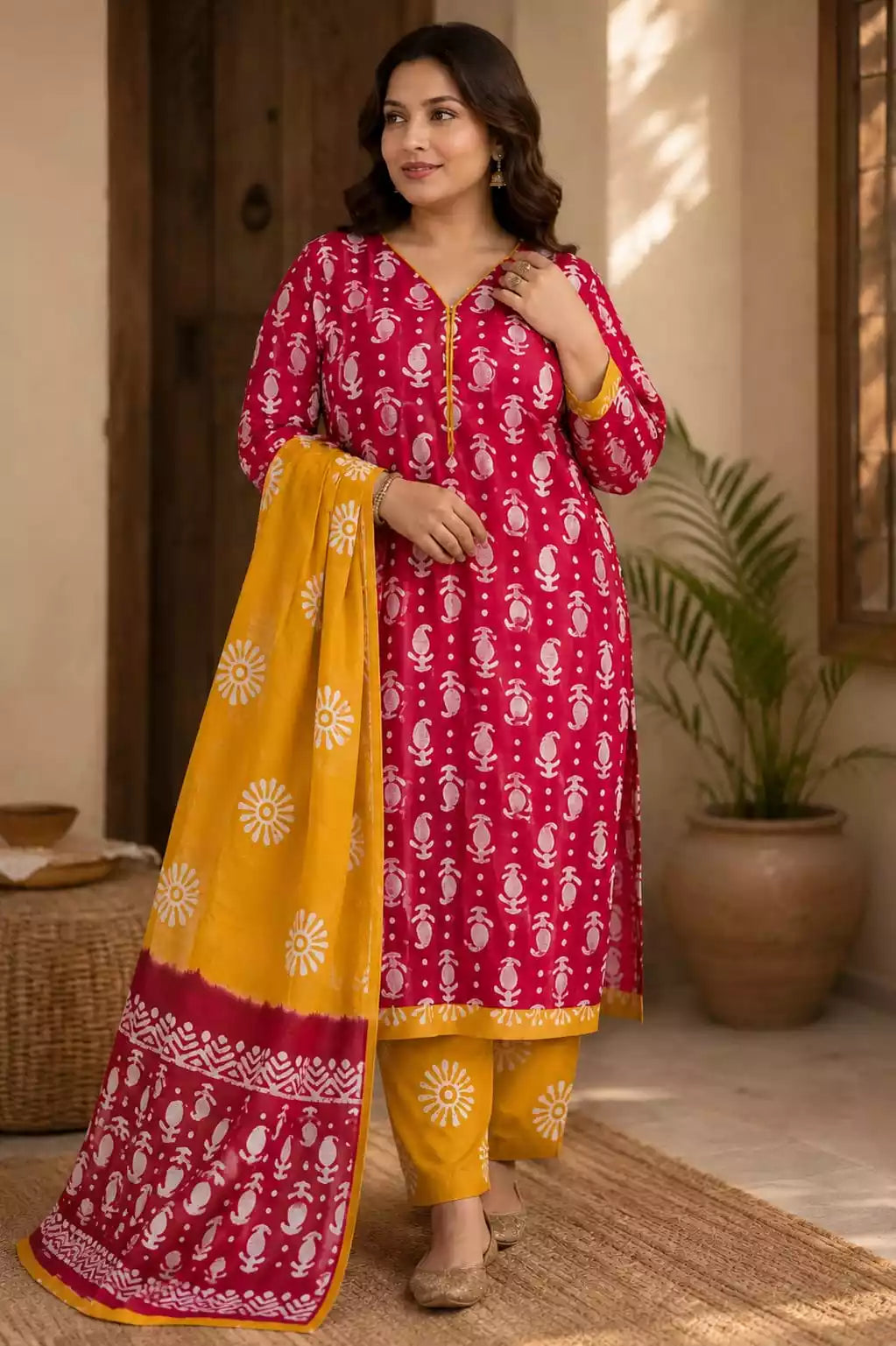 Model wearing a readymade cotton batik suit with a dual-tone color dupatta, showcasing elegance and comfort.
