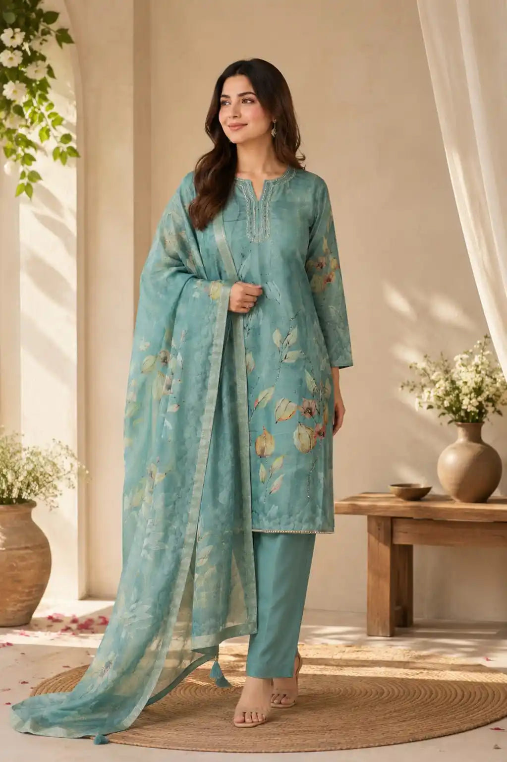 Women in elegant embroidered Pakistani designer suit with floral prints, showcasing traditional craftsmanship and modern style.