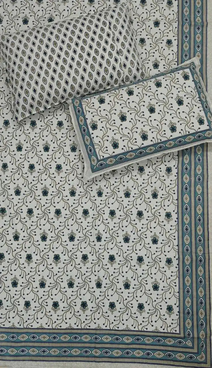 Super King Size Jaipuri Block Print Cotton Bedsheet 8x9 ft With 2 Pillow Covers by ASC