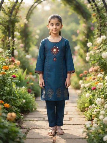 Kids Ajrak Pattern Embroidered Cotton Kurta Pant Set By ASC
