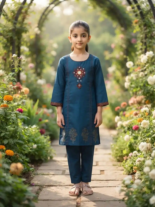 Girls Ajrak Tapla Embroidered Cotton Kurta Pant Set by ASC