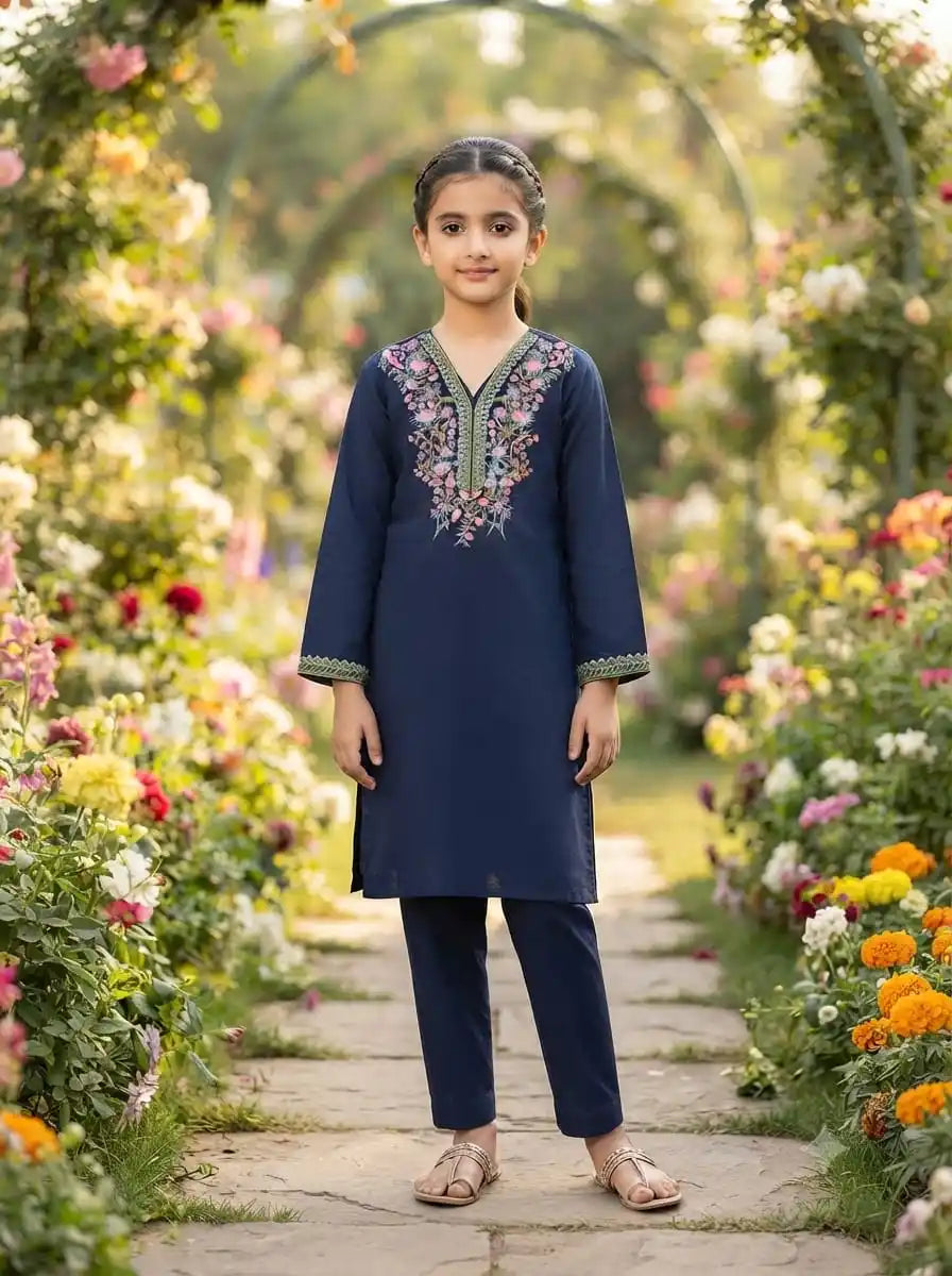 Kashmiri Embroidery Girls Kids Wear Cotton Kurta Pant By ASC