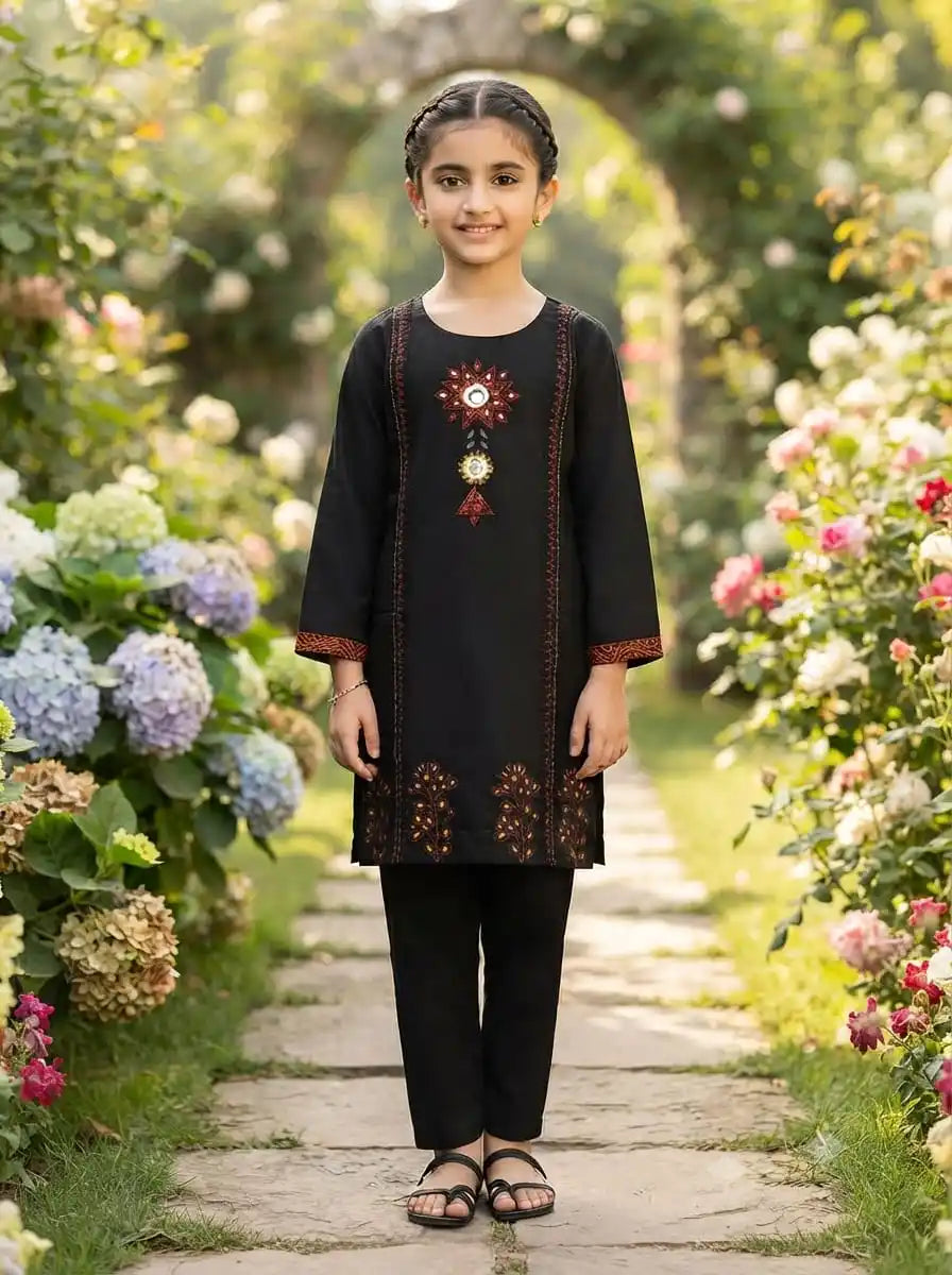 Ajrak Tapla Embroidery Girls Cotton Kurta Pant Set By ASC