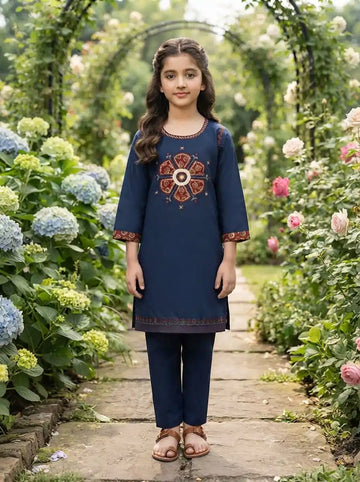 Kids Ajrak Pattern Embroidered Cotton Kurta Pant Set  By ASC