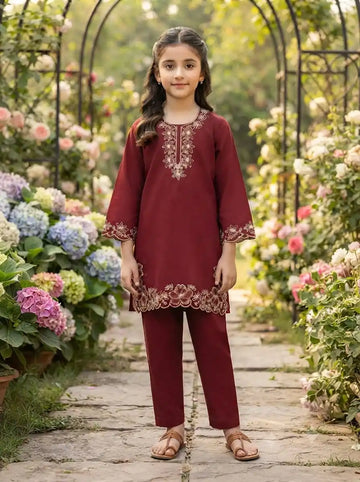 Kashmiri Style Embroidered Girls Cotton Kurta Pant Set By ASC