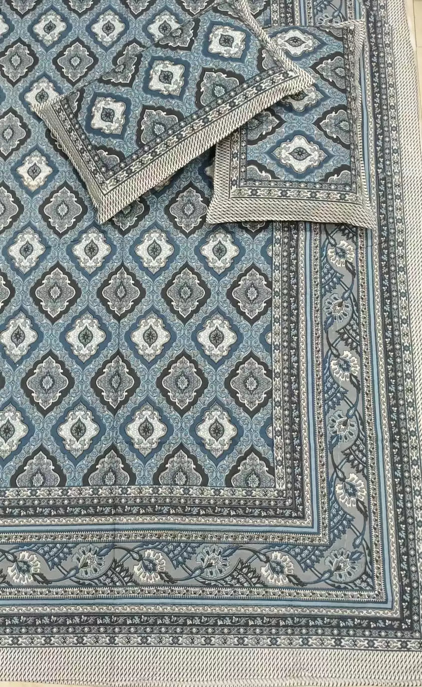Super King Size Jaipuri Block Print Cotton Bedsheet 8x9 ft With 2 Pillow Covers by ASC