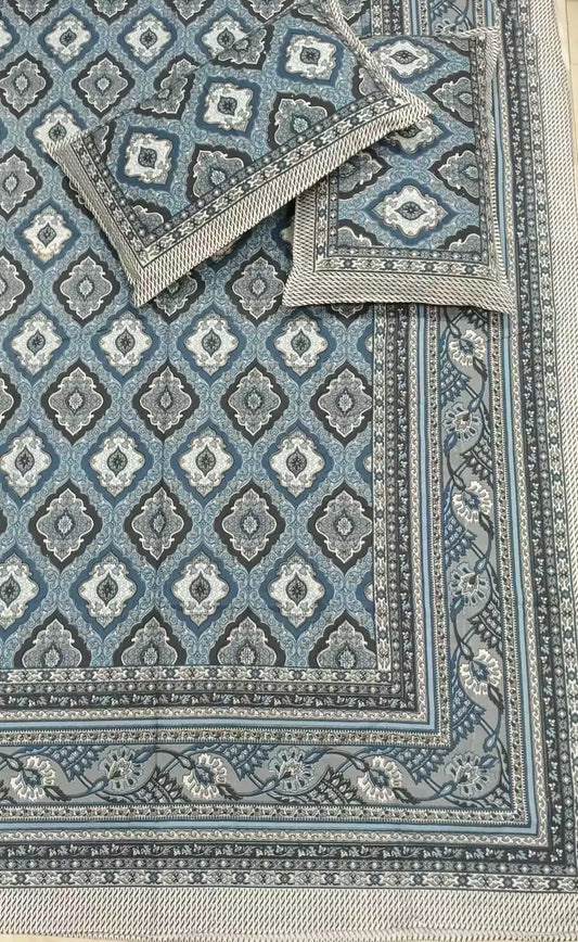 Super King Size Jaipuri Block Print Cotton Bedsheet 8x9 ft With 2 Pillow Covers by ASC