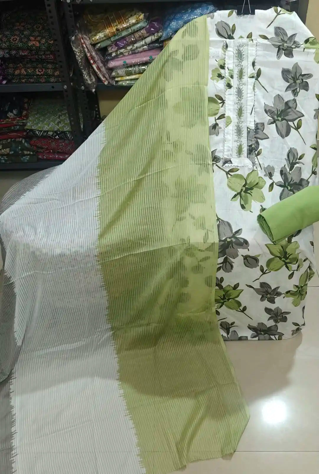 Green Floral Printed Cotton Unstitched Dress Material