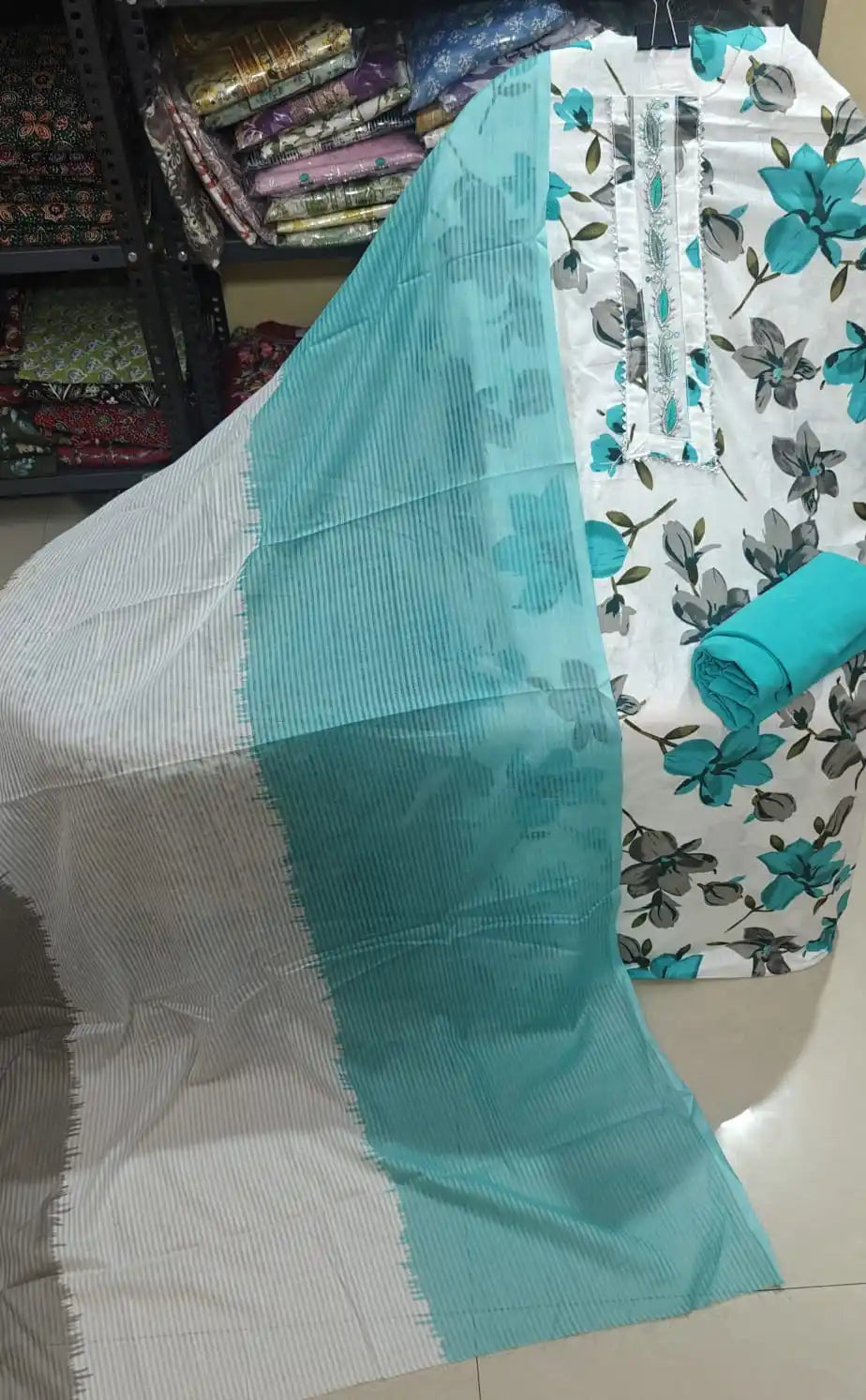 Sky Blue & Teal Floral Printed Cotton Unstitched Suit Set with Dupatta