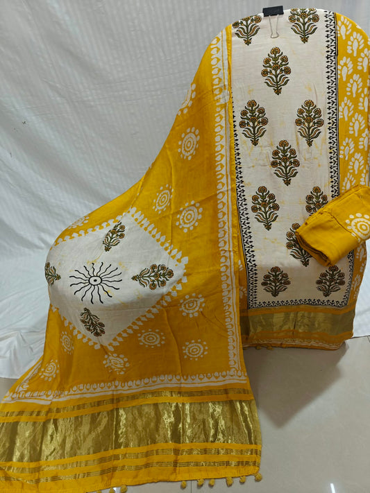 Elegant Mustard Yellow Batik Suit with Premium Modal Dupatta