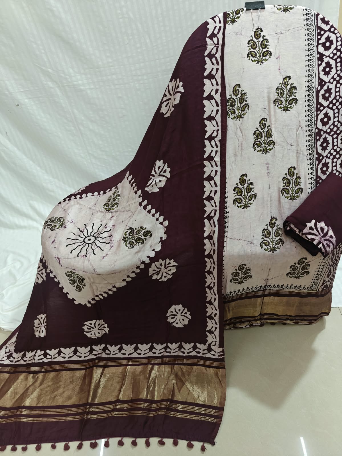 Royal Maroon Batic suit with Golden Border