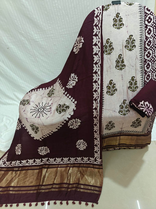 Royal Maroon Batic suit with Golden Border