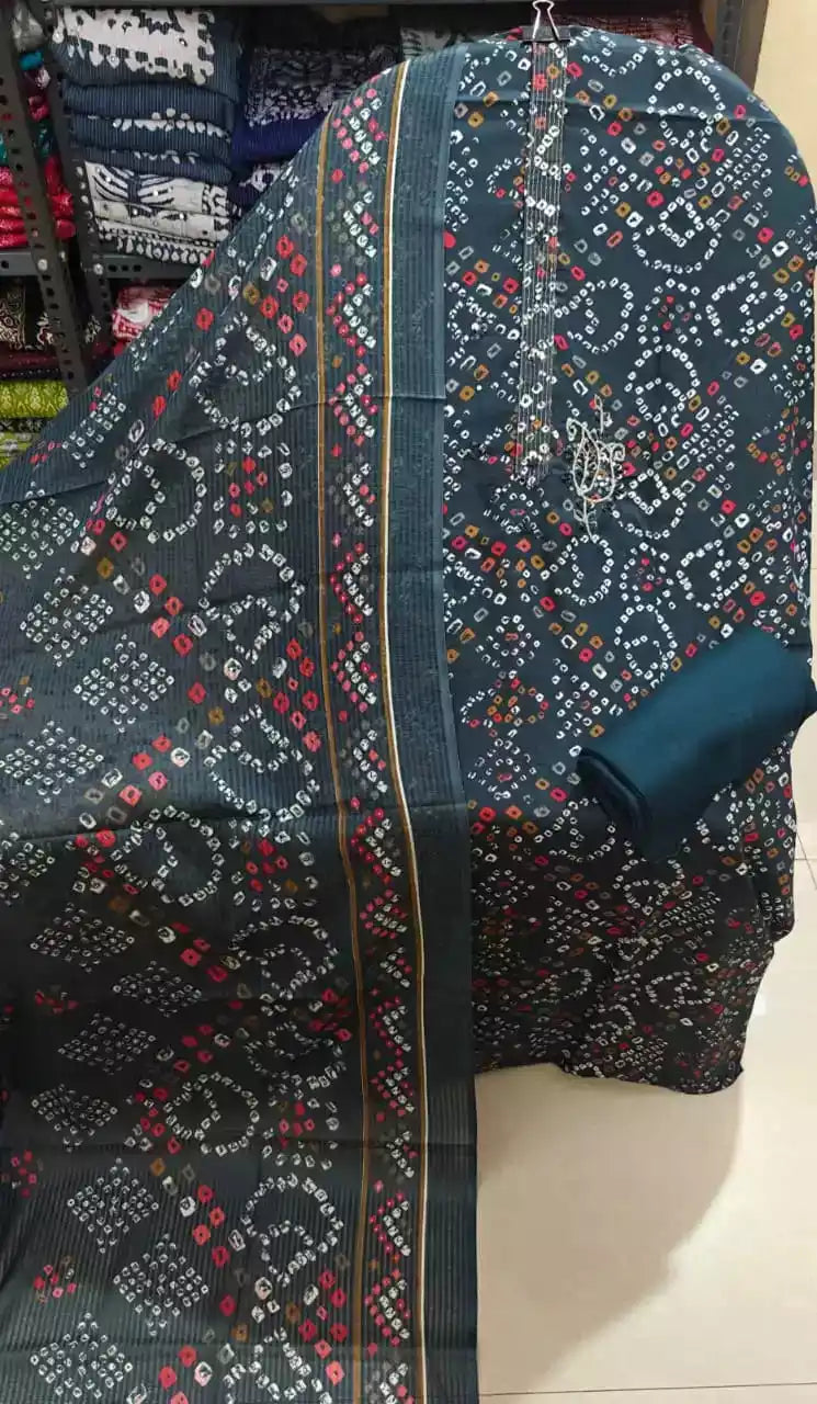 Teal Colour  Printed Rayon Unstitched Suit Material with Heavy Yoke Embroidery & Cotton Dupatta (Copy)