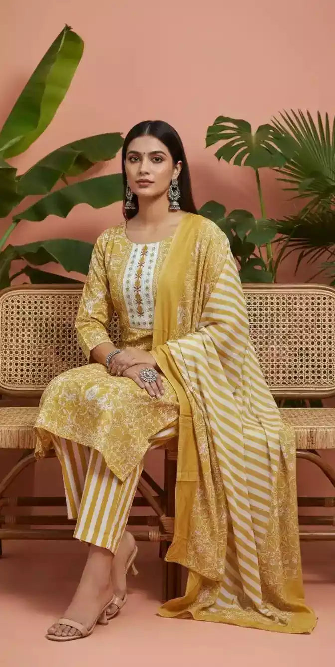 Yellow premium cotton ethnic kurta set