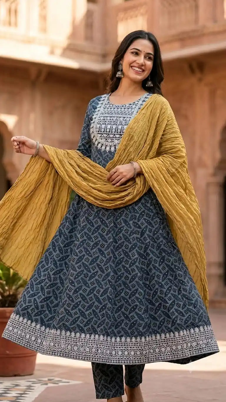 Premium Rayon Embroidered Anarkali with Rayon Pant & Soft Cotton Printed Dupatta with Pom Pom Lace by ASC
