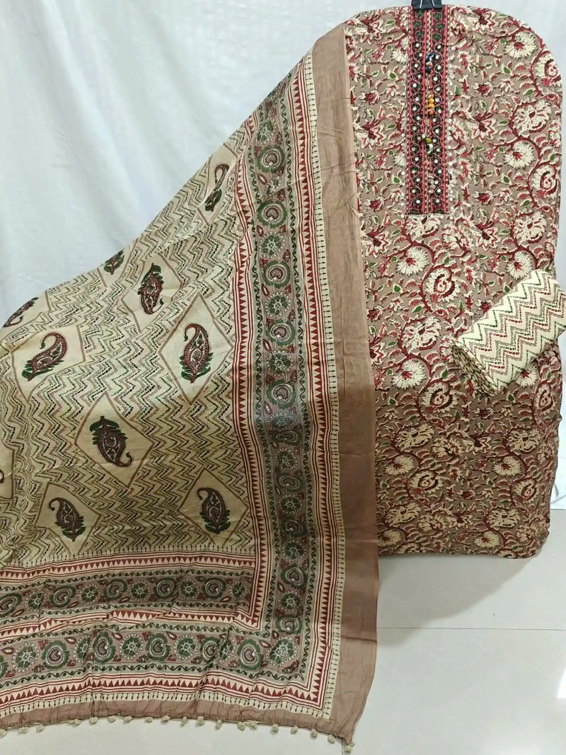 Premium Cotton Kalamkari Block Print Unstitched Dress Material By ASC