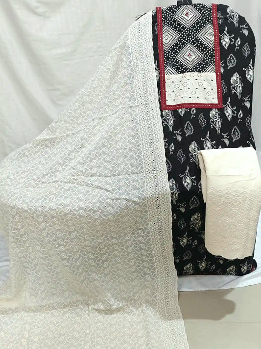 Jaipuri Cotton Dress Material with Lucknowi bottom & dupatta