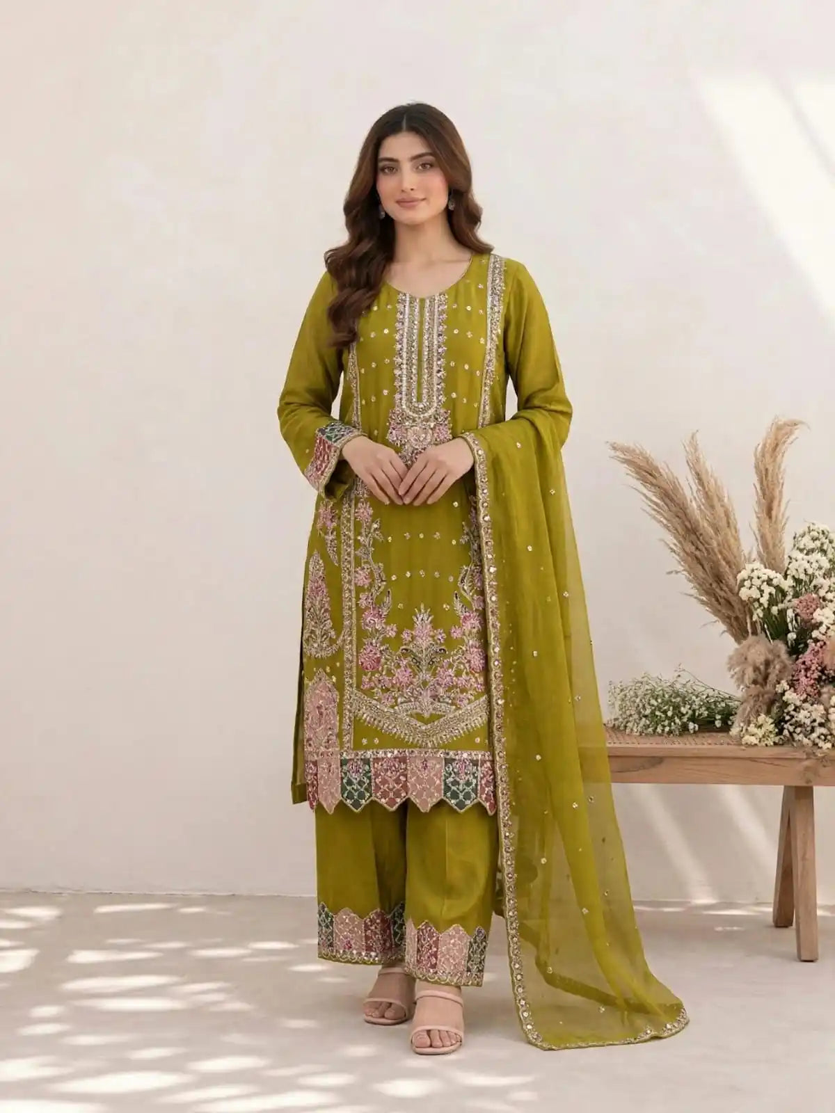 Women’s Embroidered Designer Shimmer Fabric Readymade Suit With Dupatta By ASC