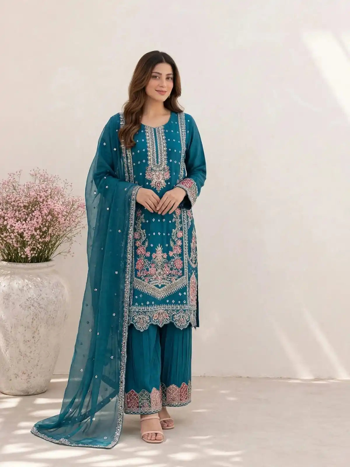 Women’s Embroidered Designer Shimmer Fabric Readymade Suit With Dupatta By ASC