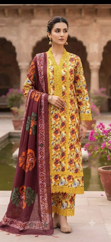 Premium Quality 16 KG RAYON DIGITAL PRINT CORD SETS With Karachi Lace pattern