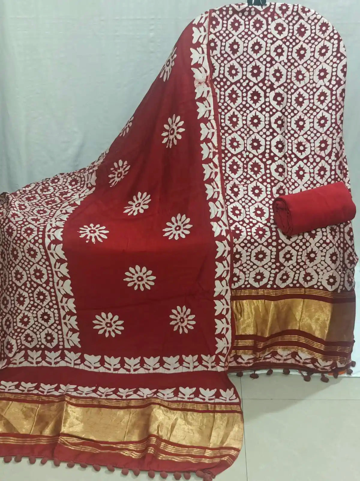Designer Red Modal Gajji Batic suit