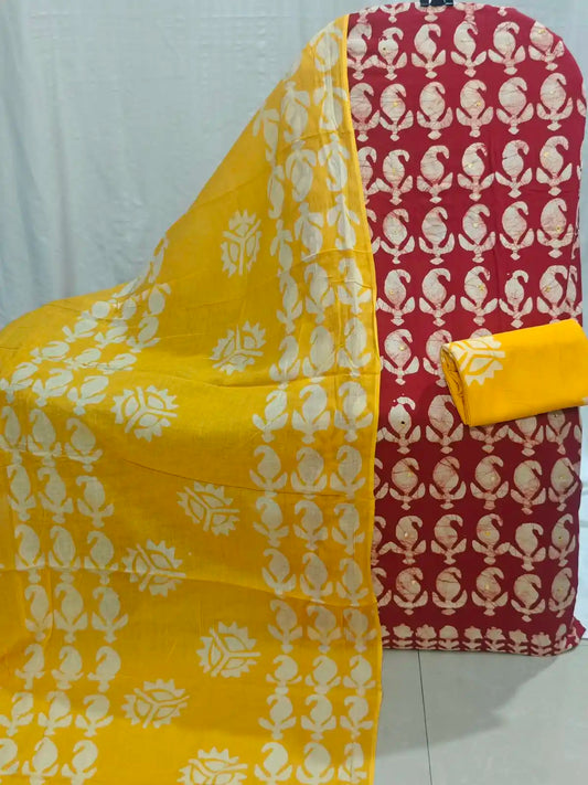 Red Wax Batik Cotton Unstitched Suit By ASC
