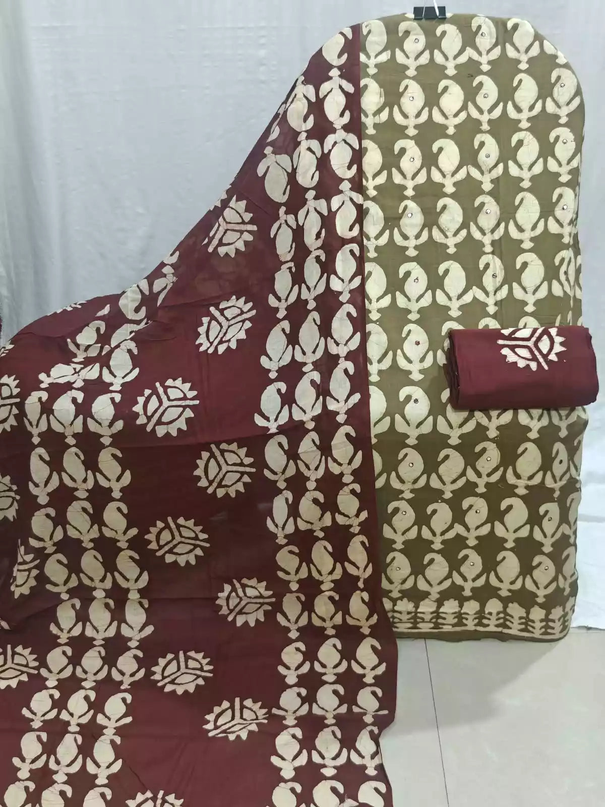 Olive Green Wax Batik Cotton Unstitched Suit By ASC