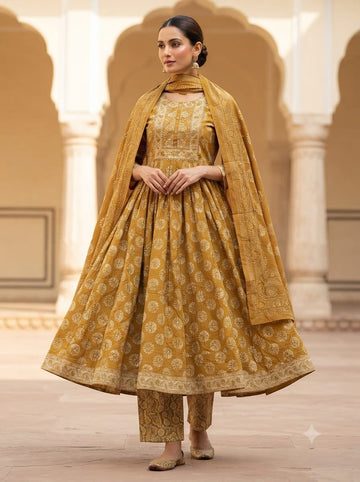 Mustard Anarkali Pattern With Dabu Print & Hand Work By ASC
