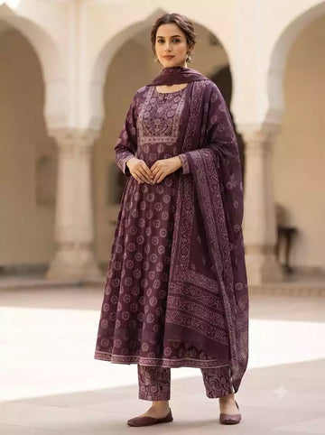 Wine Anarkali Pattern With Dabu Print & Hand Work By ASC