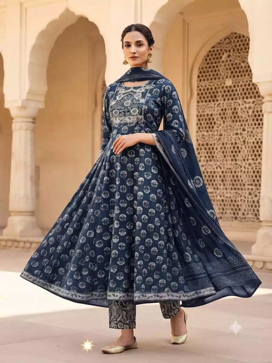 Navy blue cotton Anarkali kurta with Dabu print and hand work, matching pant and dupatta - ASC Fashion Store design VOL168