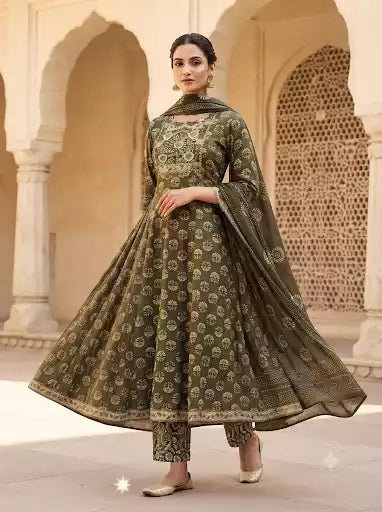 A woman models a traditional Indian salwar kameez outfit with a matching dupatta. The outfit is olive green with intricate gold and silver floral prints, featuring a high-necked kameez jacket, flared anarkali skirt, and matching trousers.