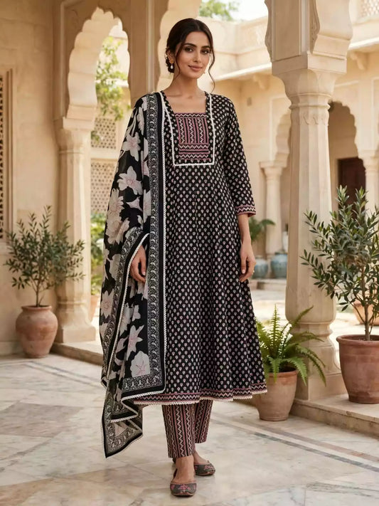 Black cotton Anarkali kurta with cream Jaipuri kamal buti print, mirror-work yoke, matching pant and printed dupatta - ASC Fashion Store design VOL170