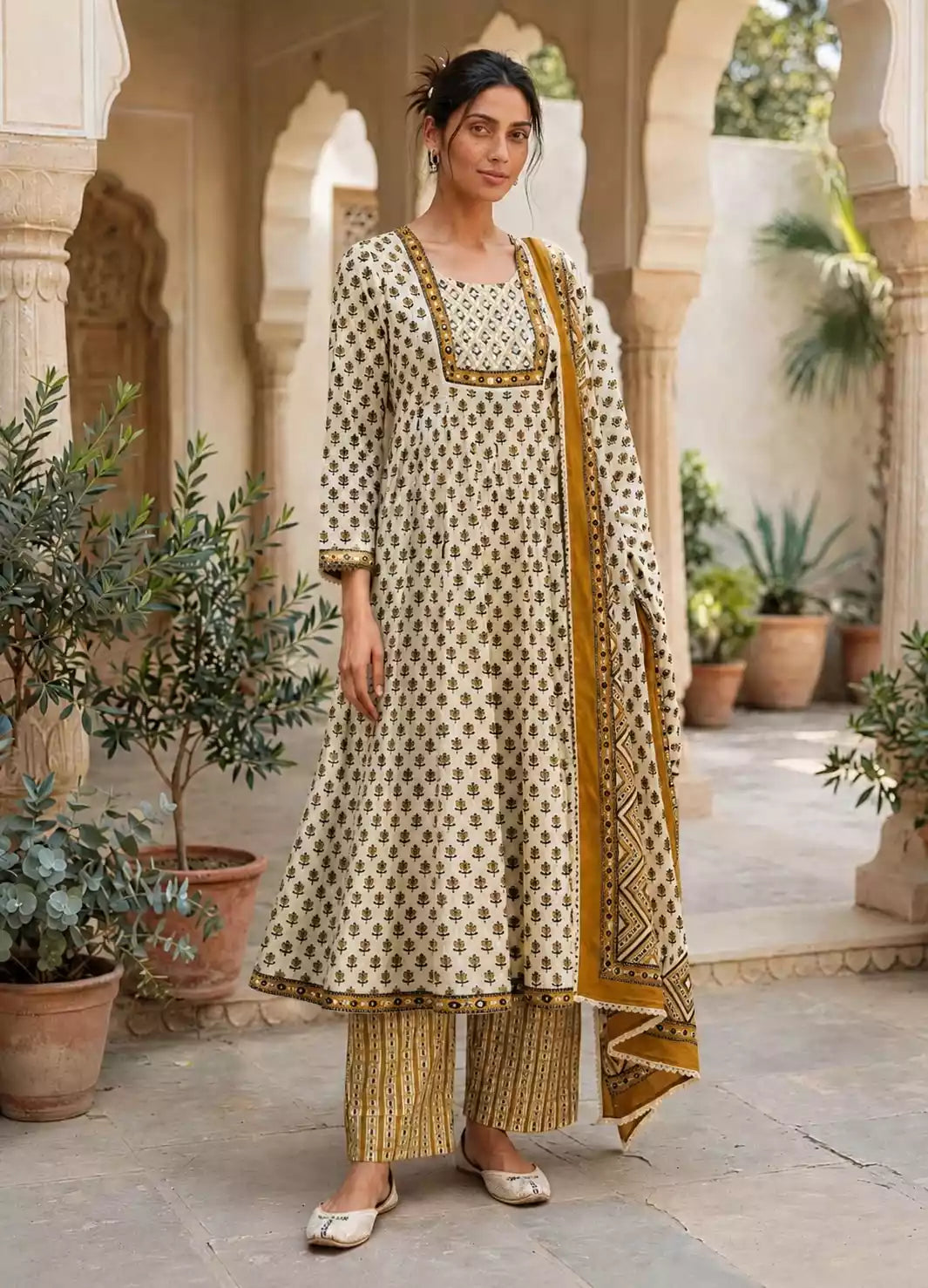 A woman models a traditional Indian salwar kameez suit set in an outdoor courtyard with arches and potted plants. The set features a beige and gold printed kurta with a matching dupatta and striped trousers.