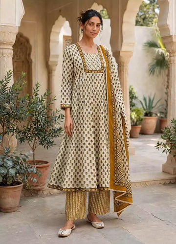 Mustard Anarkali Pattern With Classic Jaipuri Buti Print & Hand Work By ASC